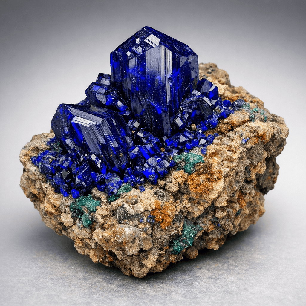 Realistic depiction of Azurite mineral crystals with matrix rock.