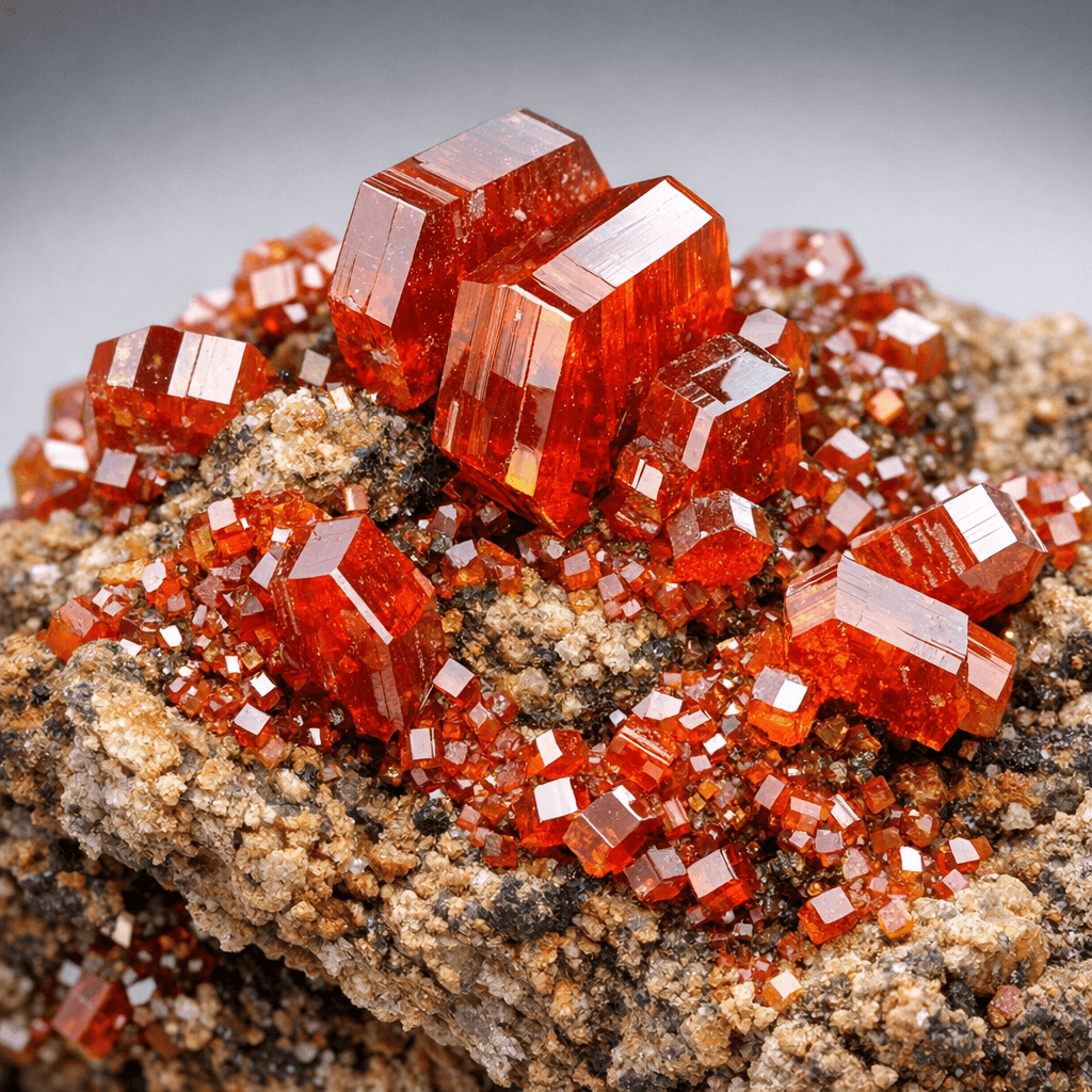 Close-up image of vanadinite crystals with hexagonal prismatic shape and vibrant color.