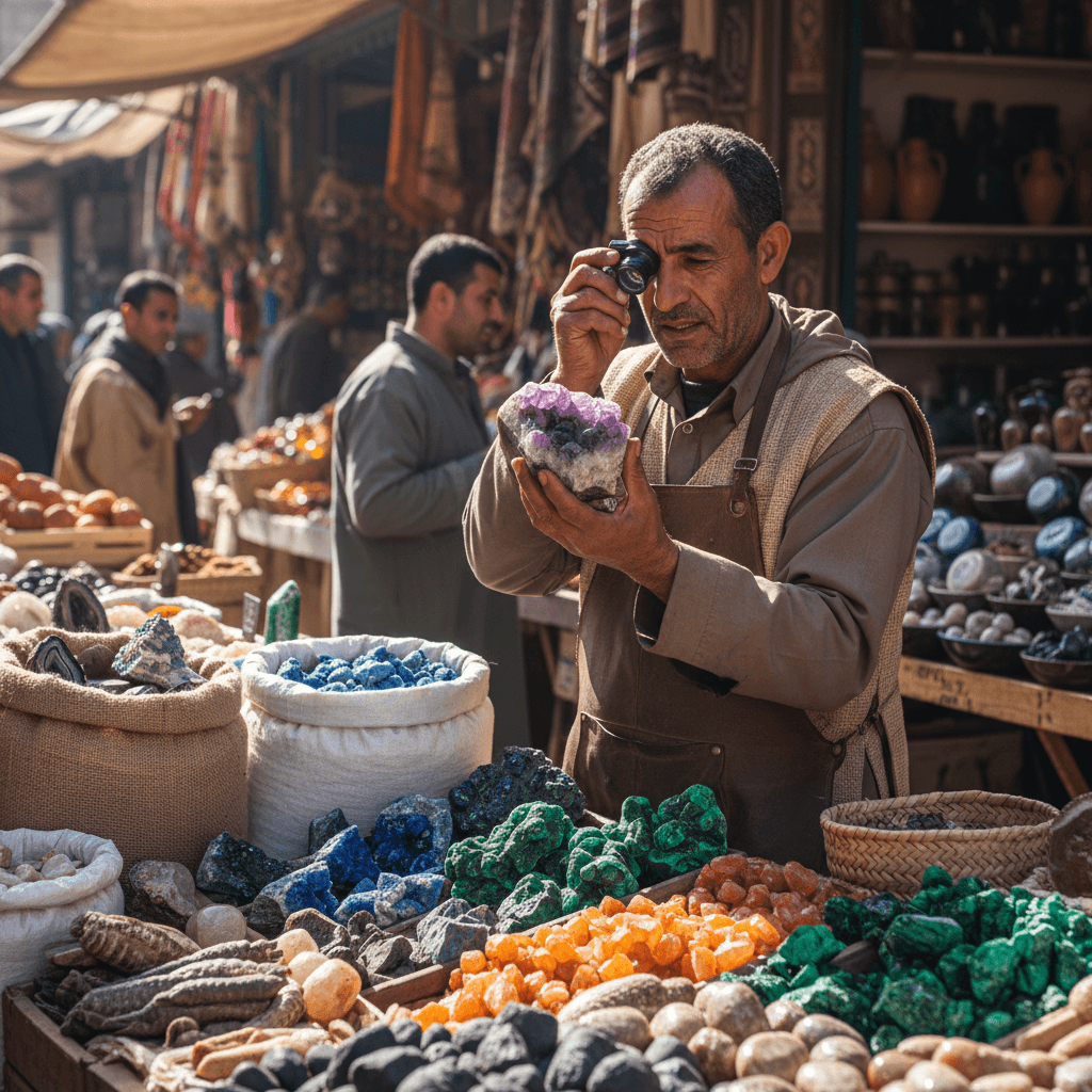 Local sourcing specialist inspecting mineral specimens at a market stall in natural light