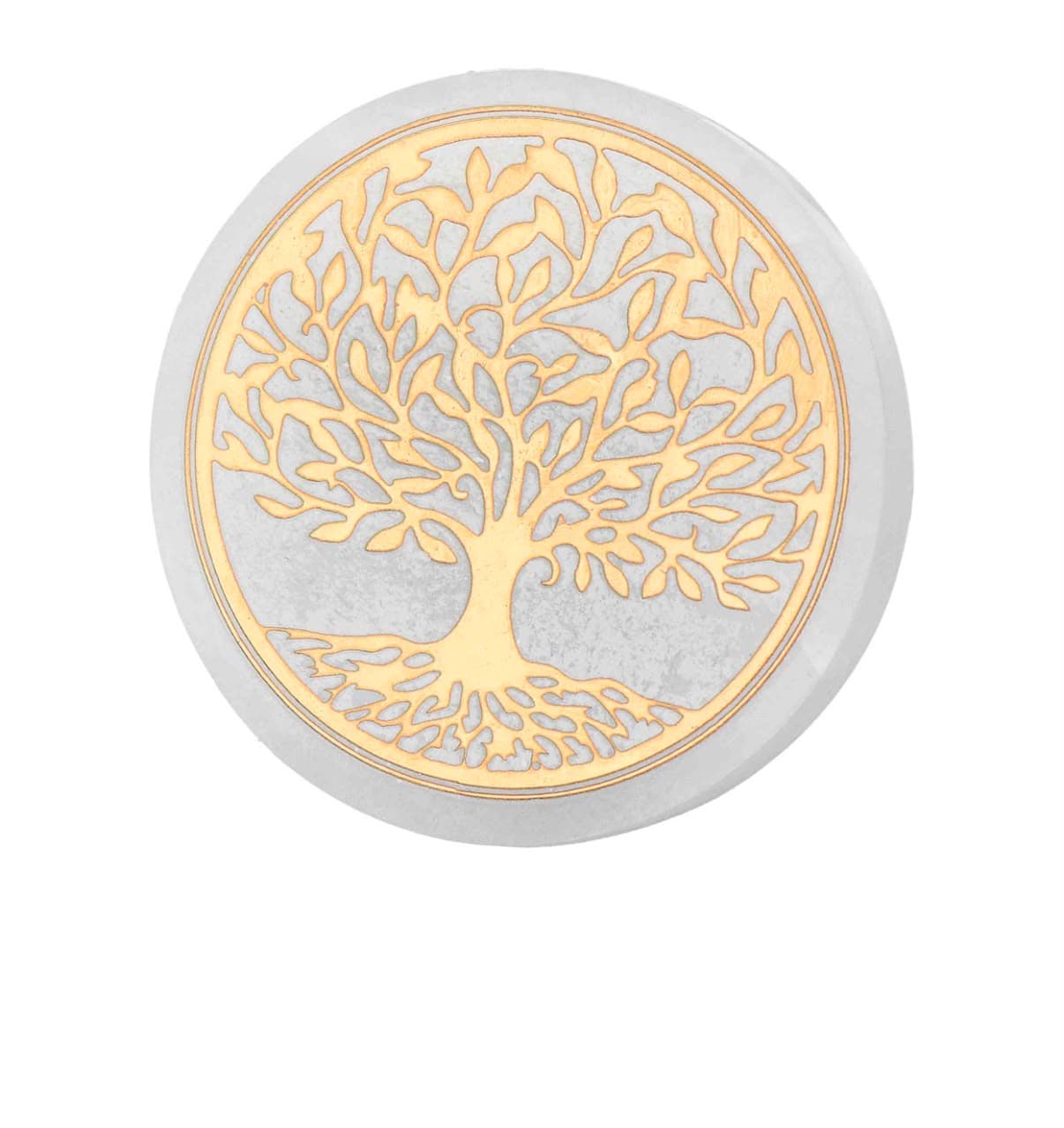 A circular light gray stone featuring an intricate gold Tree of Life with sprawling roots.
